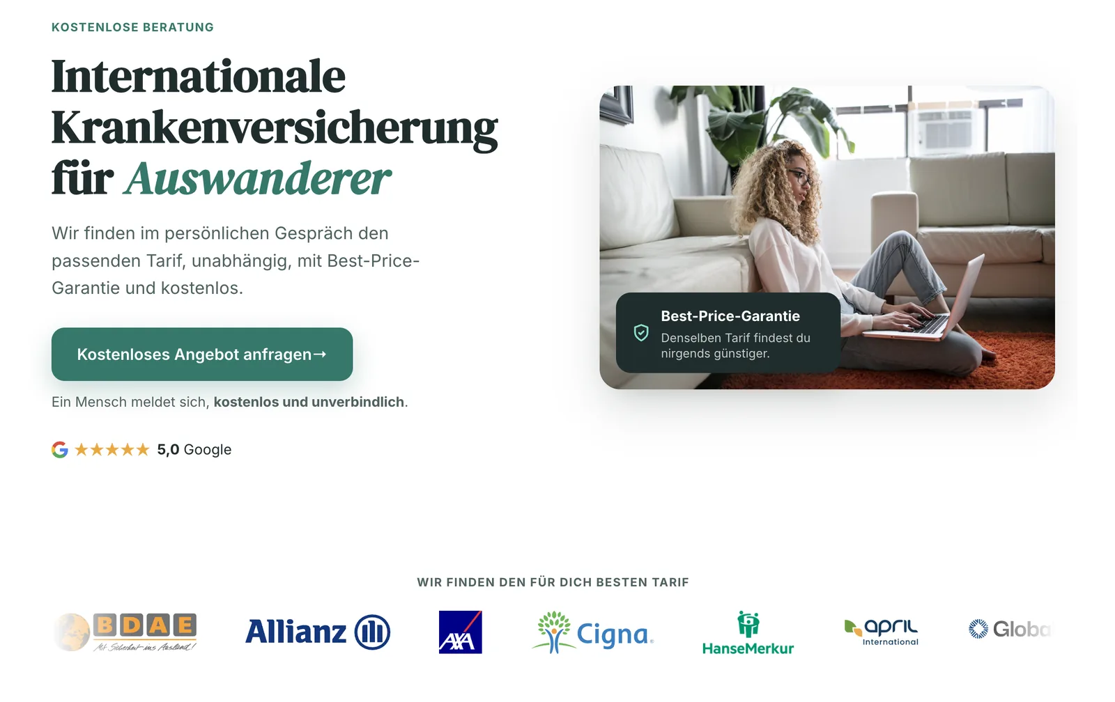 Website von insurancy, kostenlose Beratung zur internationalen Krankenversicherung für Auswanderer